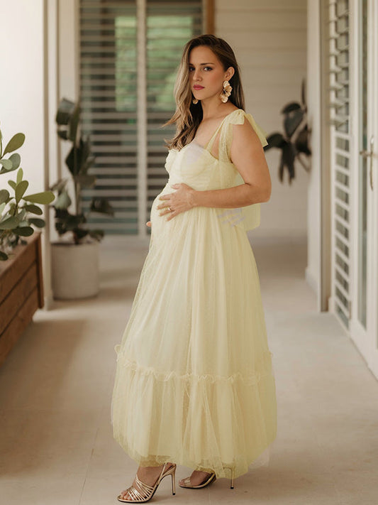 fotobeyou Yellow Polka Dot Tulle Big Swing Elegant Maternity Photoshoot Maxi Dress
