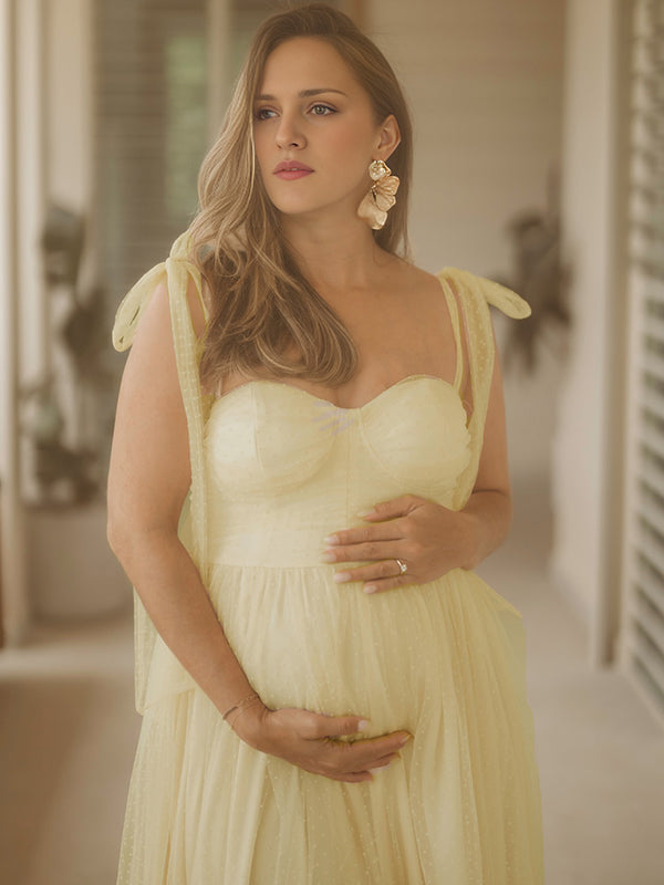 fotobeyou Yellow Polka Dot Tulle Big Swing Elegant Maternity Photoshoot Maxi Dress