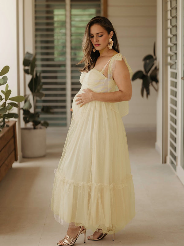 fotobeyou Yellow Polka Dot Tulle Big Swing Elegant Maternity Photoshoot Maxi Dress