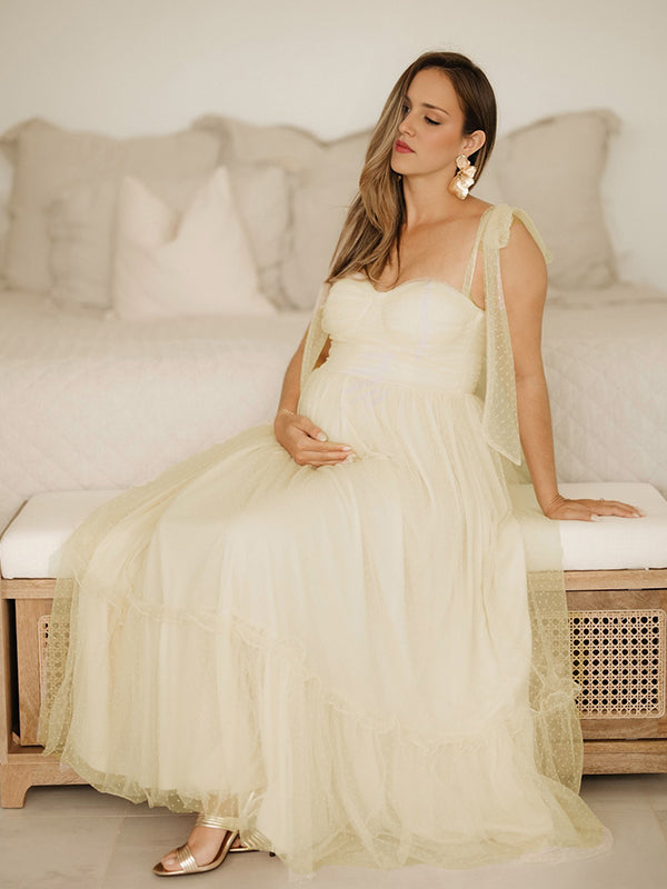 fotobeyou Yellow Polka Dot Tulle Big Swing Elegant Maternity Photoshoot Maxi Dress