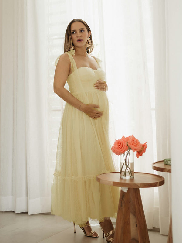 fotobeyou Yellow Polka Dot Tulle Big Swing Elegant Maternity Photoshoot Maxi Dress