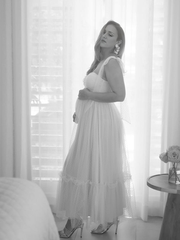 fotobeyou Yellow Polka Dot Tulle Big Swing Elegant Maternity Photoshoot Maxi Dress