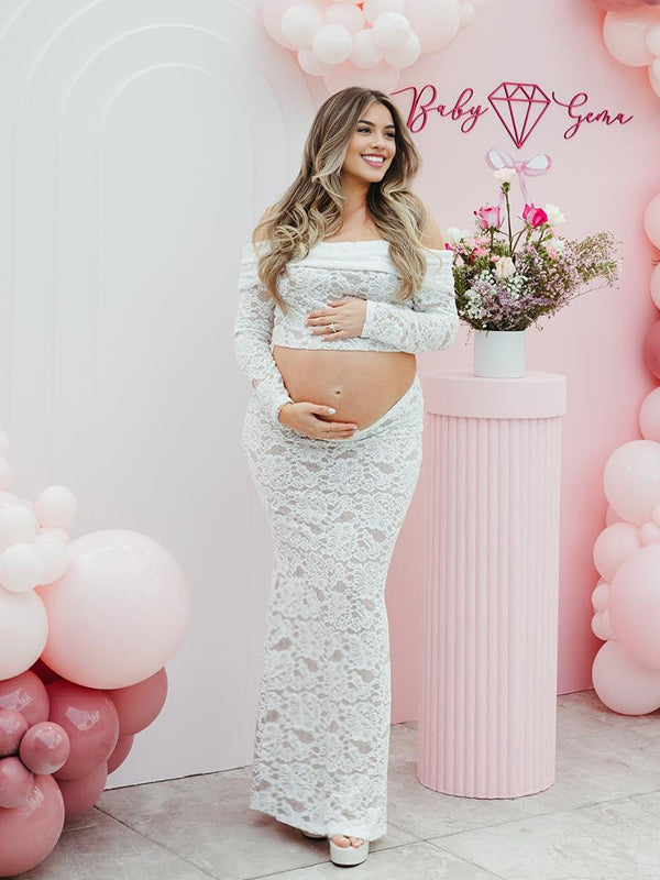 fotobeyou White Lace Off Shoulder Two Piece Set Elegant Maternity Baby Shower Maxi Dress