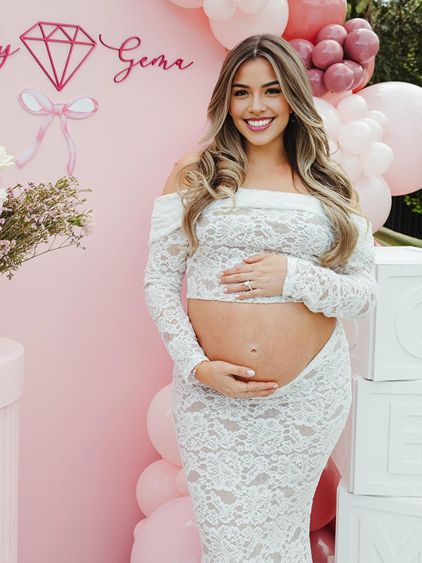 fotobeyou White Lace Off Shoulder Two Piece Set Elegant Maternity Baby Shower Maxi Dress