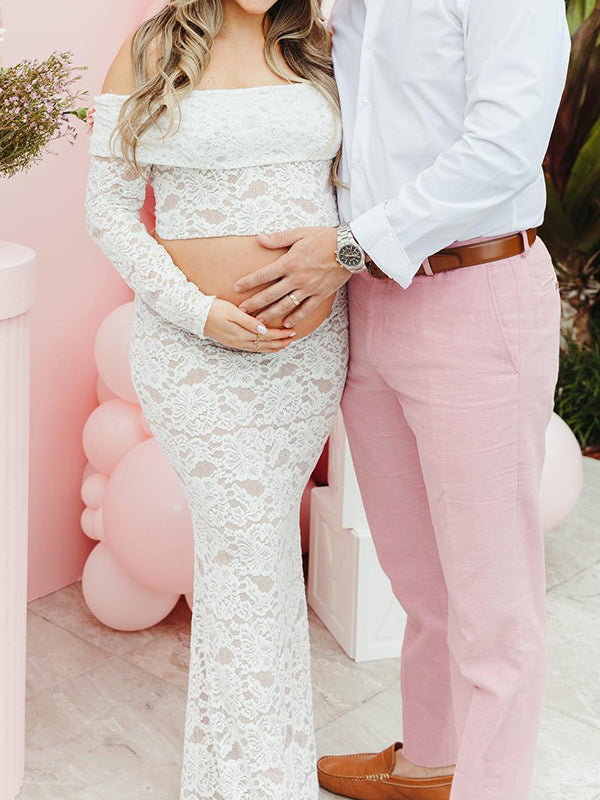 fotobeyou White Lace Off Shoulder Two Piece Set Elegant Maternity Baby Shower Maxi Dress