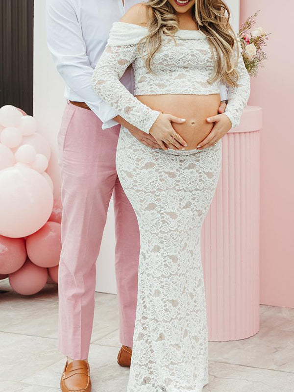 fotobeyou White Lace Off Shoulder Two Piece Set Elegant Maternity Baby Shower Maxi Dress
