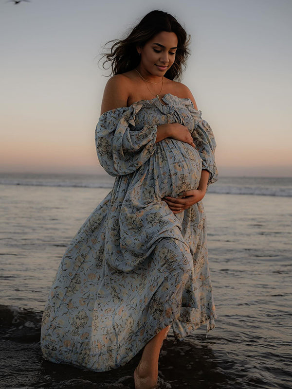 fotobeyou Floral Smocked Ruffle Falbala Off Shoulder Big Swing Elegant Maternity Photoshoot Maxi Dress