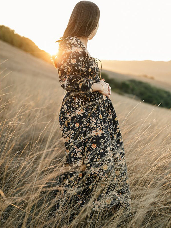 fotobeyou Floral Smocked Ruffle Falbala Off Shoulder Big Swing Elegant Maternity Photoshoot Maxi Dress