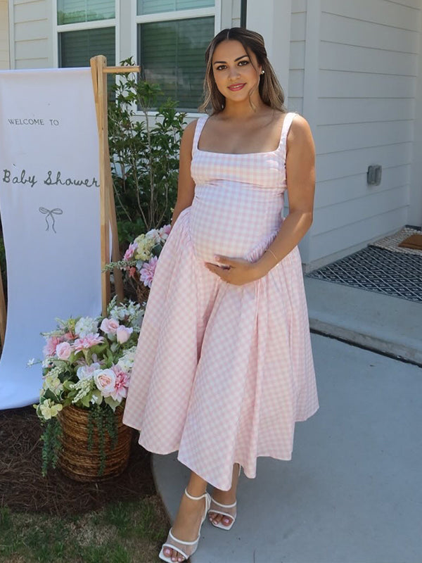 Plaid Tank A-line Elegant Maternity Baby Shower Maxi Dress