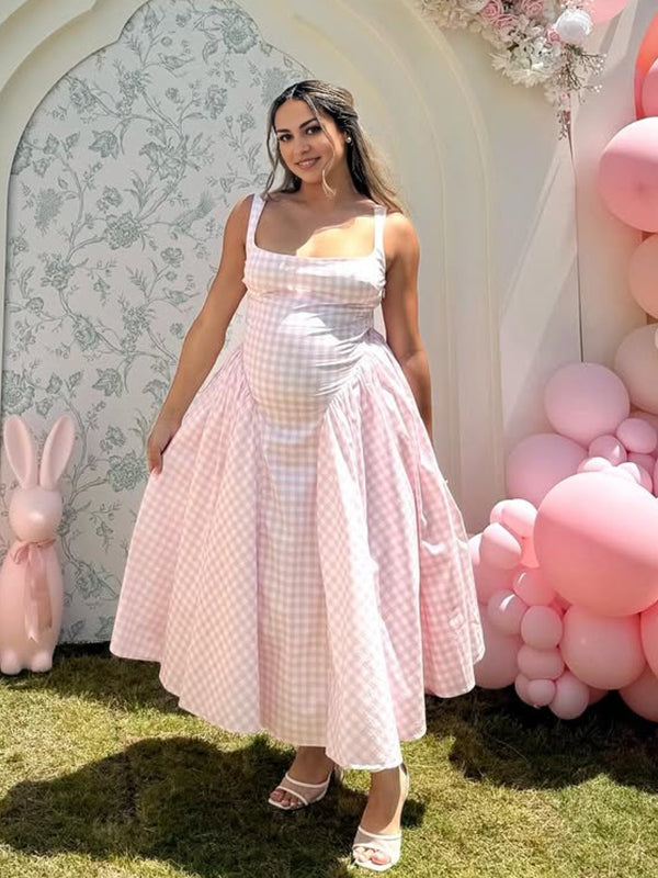 Plaid Tank A-line Elegant Maternity Baby Shower Maxi Dress