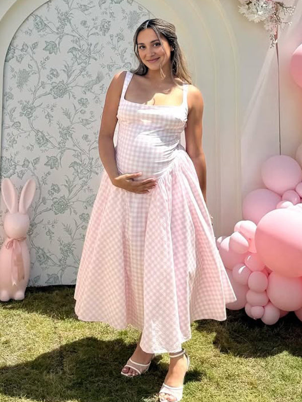 Plaid Tank A-line Elegant Maternity Baby Shower Maxi Dress