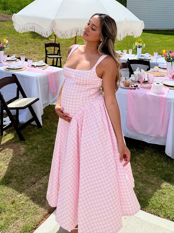 Plaid Tank A-line Elegant Maternity Baby Shower Maxi Dress