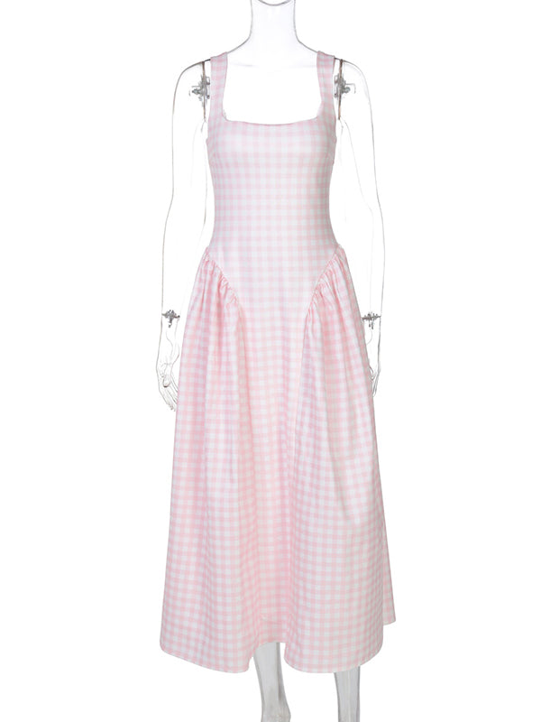 Plaid Tank A-line Elegant Maternity Baby Shower Maxi Dress