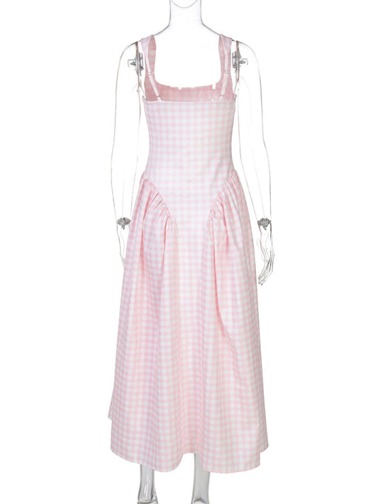 Plaid Tank A-line Elegant Maternity Baby Shower Maxi Dress