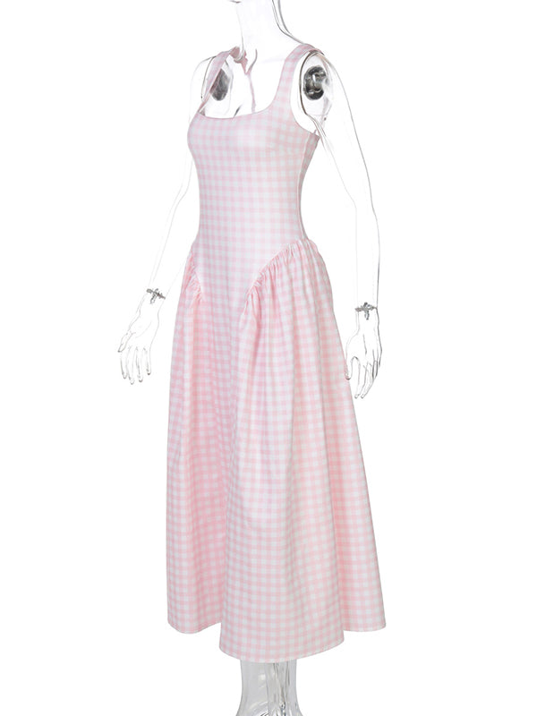 Plaid Tank A-line Elegant Maternity Baby Shower Maxi Dress