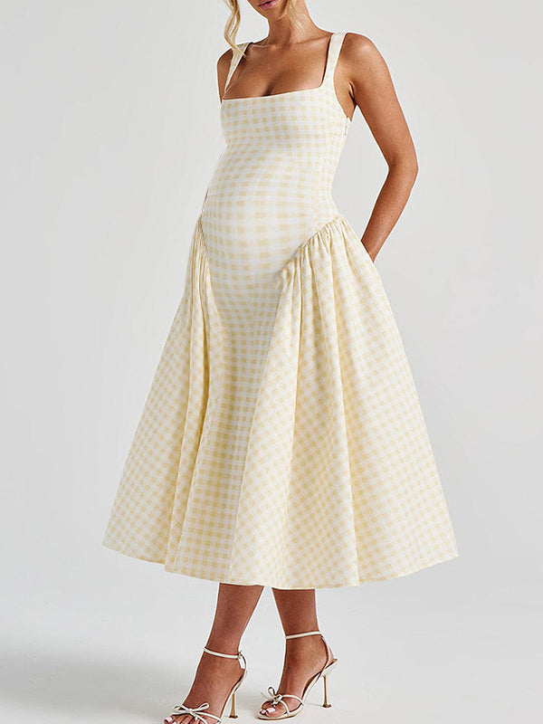 Plaid Tank A-line Elegant Maternity Baby Shower Maxi Dress