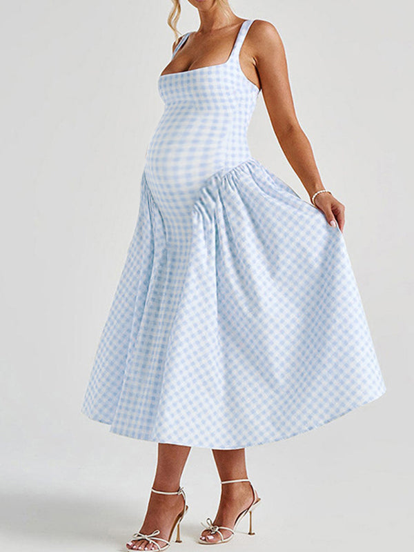 Plaid Tank A-line Elegant Maternity Baby Shower Maxi Dress