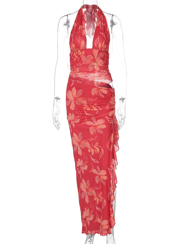 Floral Crop Ruffle Side Slit Backless 2-in-1 Chic Maternity Maxi Dress