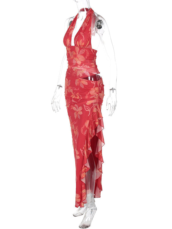 Floral Crop Ruffle Side Slit Backless 2-in-1 Chic Maternity Maxi Dress