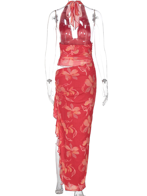 Floral Crop Ruffle Side Slit Backless 2-in-1 Chic Maternity Maxi Dress