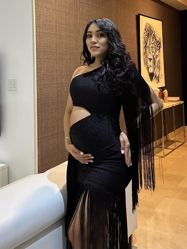 Black Tassel One Shoulder Cut Out Maternity Party Maxi Dress