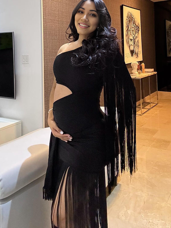 Black Tassel One Shoulder Cut Out Maternity Party Maxi Dress