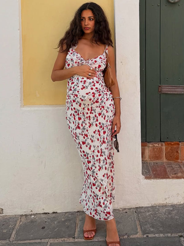 Printed Ruffle Falbala Cami Chic Maternity Baby Moon Maxi Dress