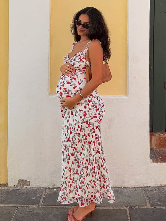 Printed Ruffle Falbala Cami Chic Maternity Baby Moon Maxi Dress