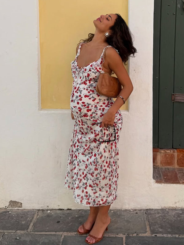 Printed Ruffle Falbala Cami Chic Maternity Baby Moon Maxi Dress