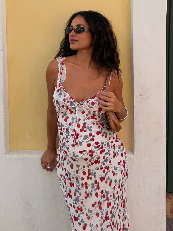 Printed Ruffle Falbala Cami Chic Maternity Baby Moon Maxi Dress