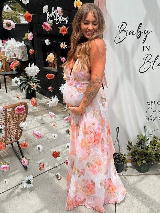 Pink Floral Ruched Backless Chic Maternity Baby Shower Maxi Dress