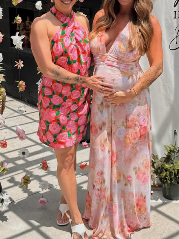 Pink Floral Ruched Backless Chic Maternity Baby Shower Maxi Dress