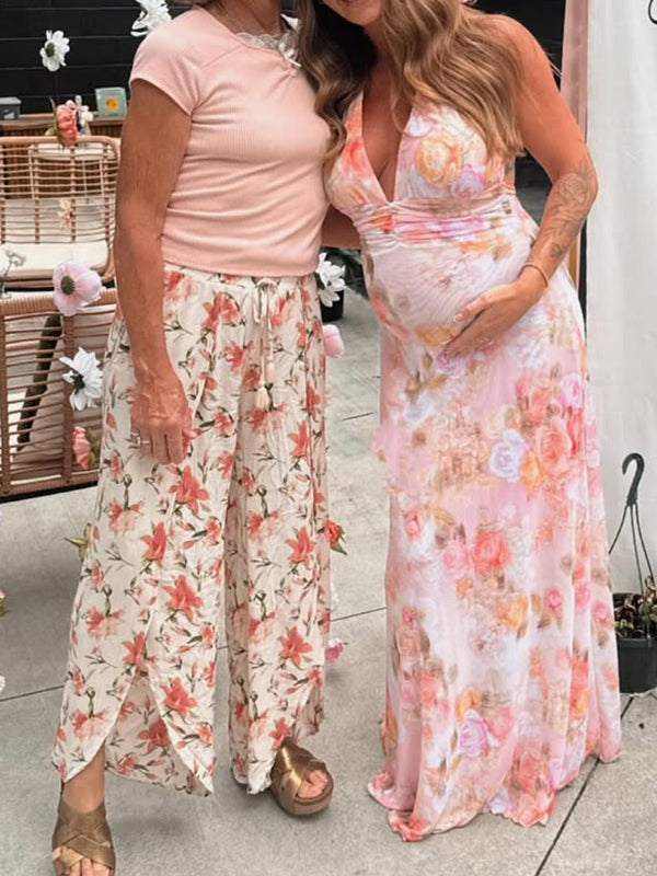 Pink Floral Ruched Backless Chic Maternity Baby Shower Maxi Dress