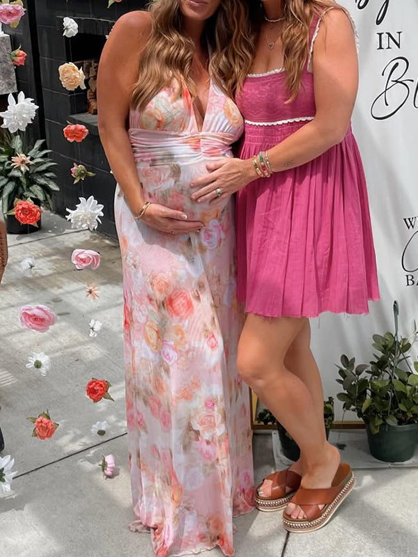 Pink Floral Ruched Backless Chic Maternity Baby Shower Maxi Dress