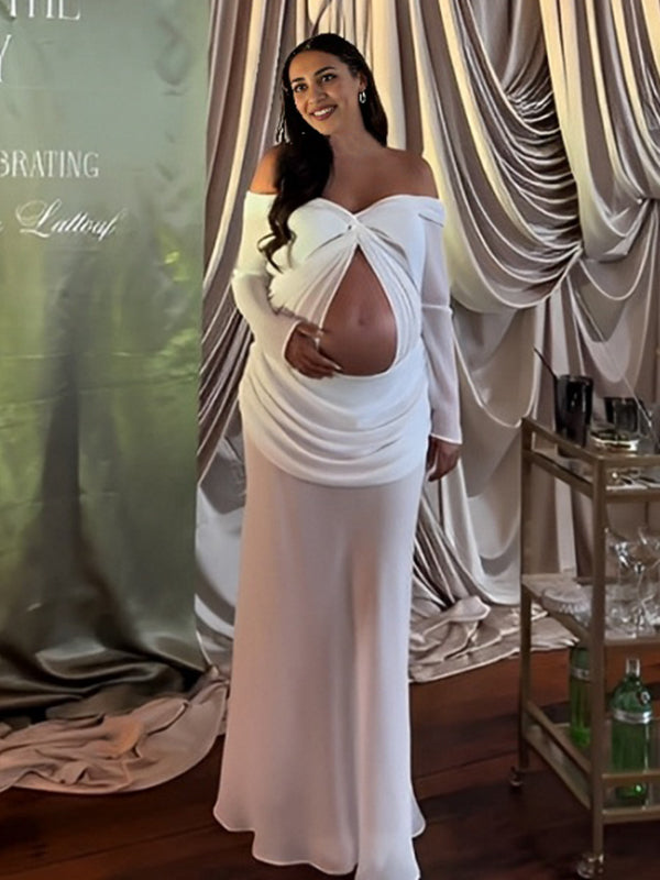 Chiffon Off Shoulder Crop Ruched Chic Maternity Maxi Dress