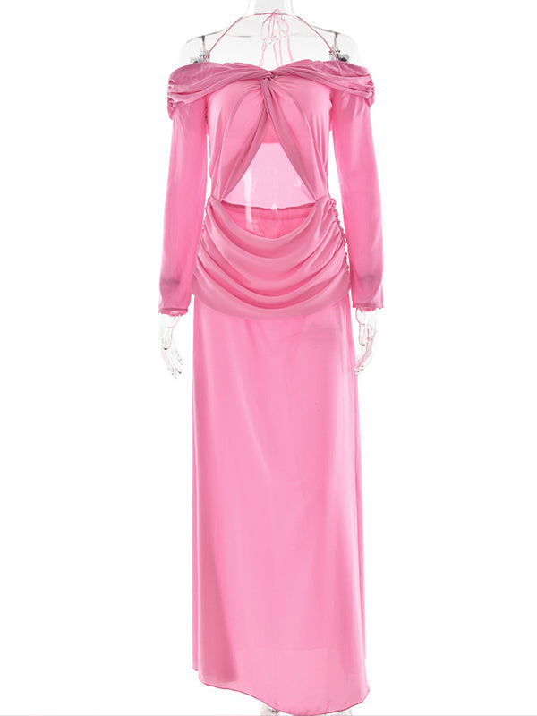 Chiffon Off Shoulder Crop Ruched Chic Maternity Maxi Dress