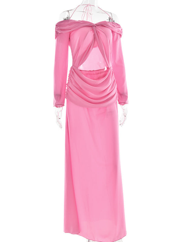 Chiffon Off Shoulder Crop Ruched Chic Maternity Maxi Dress