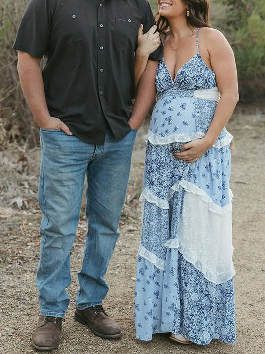 Blue Floral Lace Big Swing Boho Maternity Photoshoot Maxi Dress