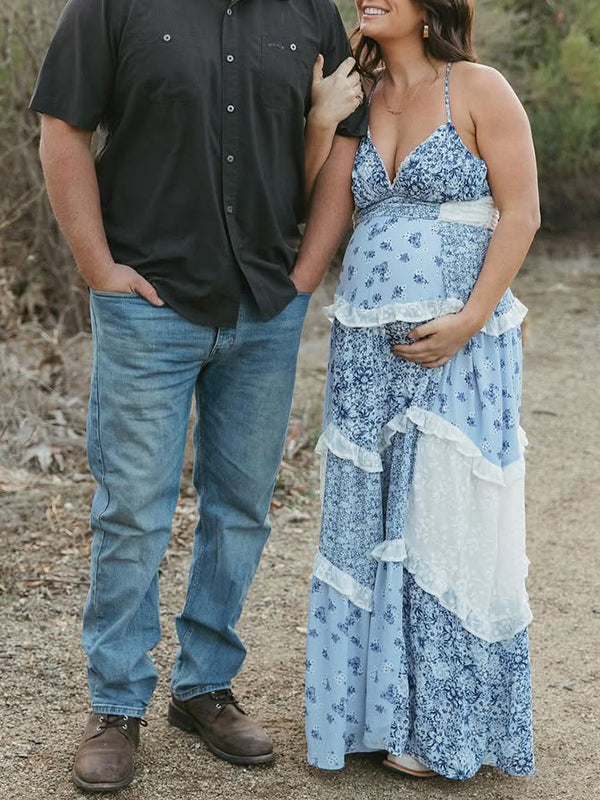 Blue Floral Lace Big Swing Boho Maternity Photoshoot Maxi Dress