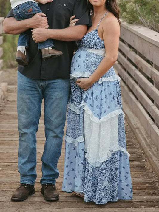 Blue Floral Lace Big Swing Boho Maternity Photoshoot Maxi Dress