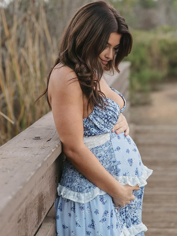 Blue Floral Lace Big Swing Boho Maternity Photoshoot Maxi Dress