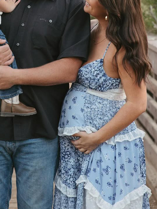 Blue Floral Lace Big Swing Boho Maternity Photoshoot Maxi Dress