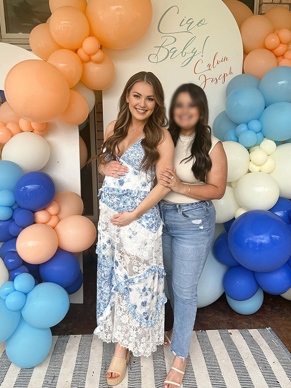 Blue Spaghetti Strap Strap Stamp Lace Falbala Maternity Baby Shower Maxi Dress