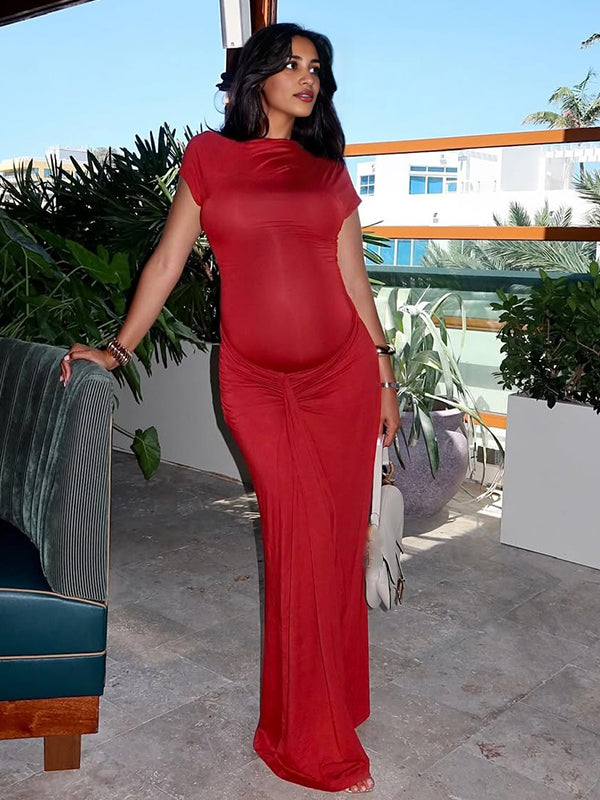 Red Ruched Draped Chic Maternity Going Out Maxi Dress