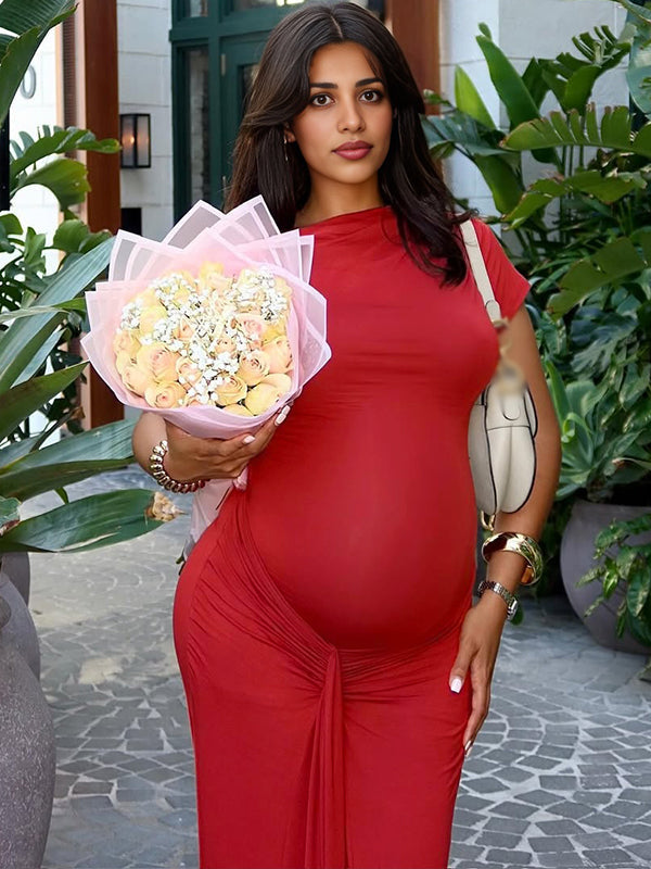 Red Ruched Draped Chic Maternity Going Out Maxi Dress