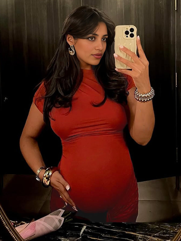 Red Ruched Draped Chic Maternity Going Out Maxi Dress