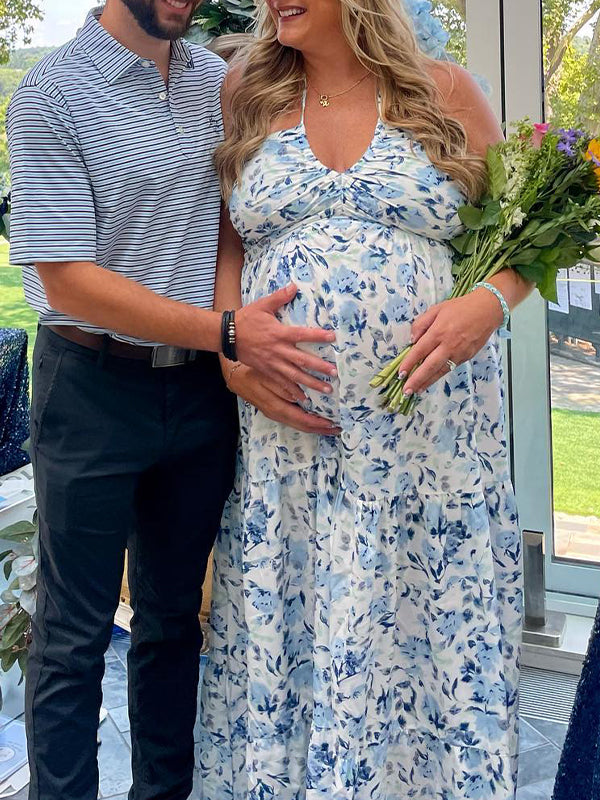 V Neck Spaghetti Strap Maternity Wedding Guest Baby Shower Maxi Dress