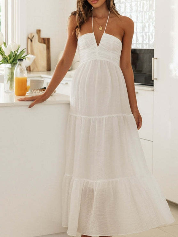 V Neck Spaghetti Strap Maternity Wedding Guest Baby Shower Maxi Dress