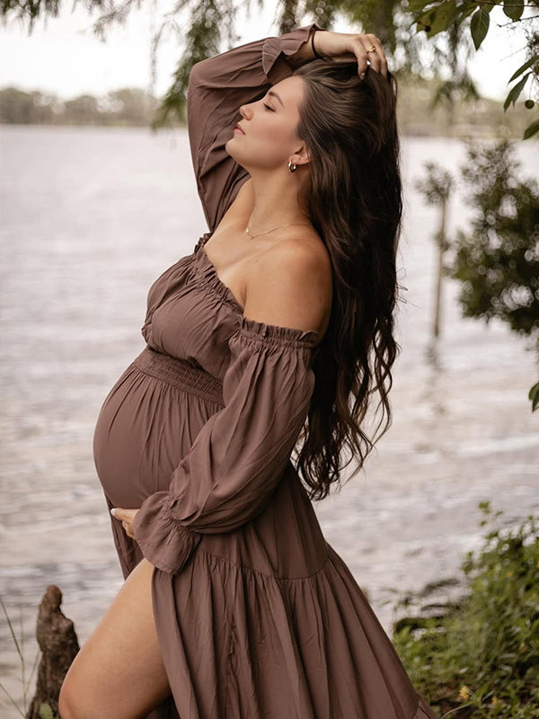 Off Shoulder Side Slit Big Swing Boho Maternity Photoshoot Maxi Dress
