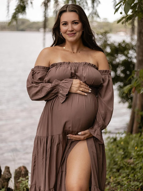 Off Shoulder Side Slit Big Swing Boho Maternity Photoshoot Maxi Dress